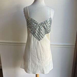 Indefeir silver Sequin slip dress plunging back  cream white Medium NWT